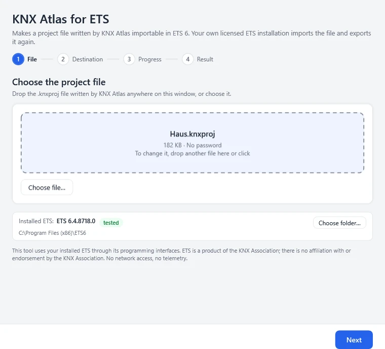 Back to ETS. With your own ETS. – Choose the file