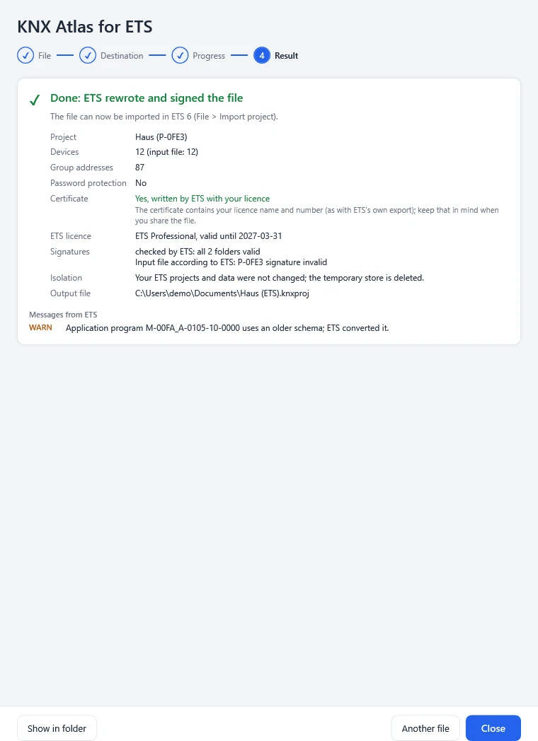 Back to ETS. With your own ETS. – Check the result and import
