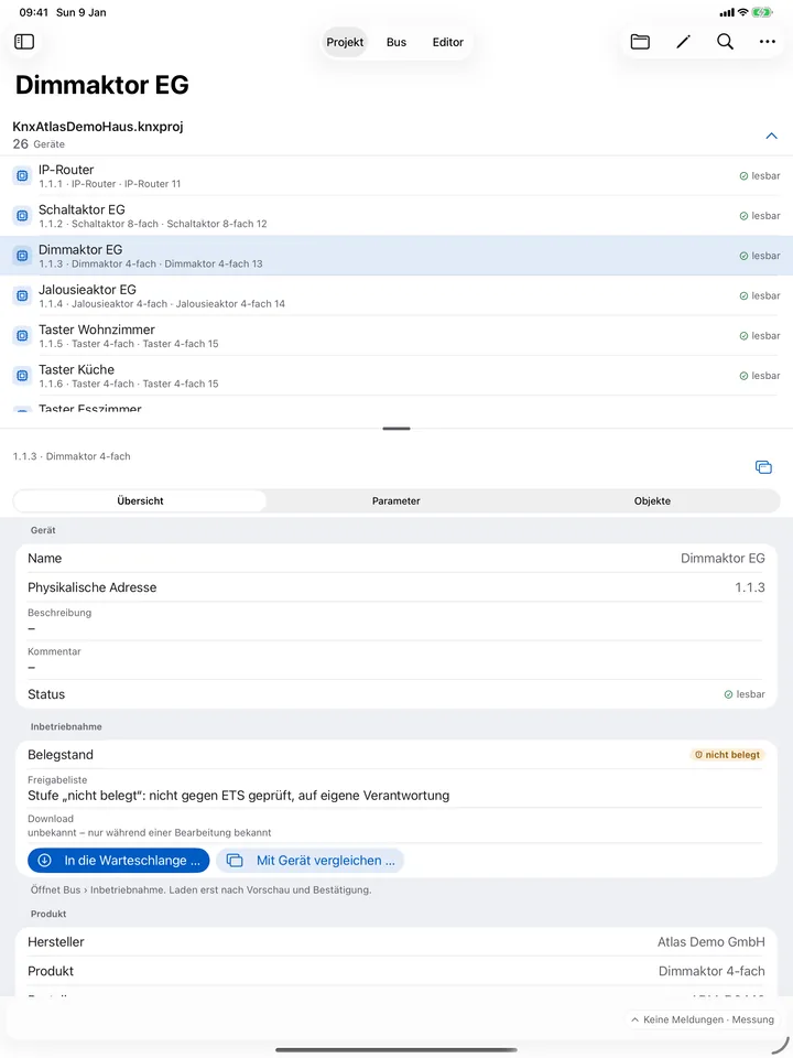 Geräte – iPad: Alle Geräte des Projekts mit Adresse, Produkt, Applikation und Status. Darunter öffnen sich Parameter und Objekte des ausgewählten Geräts.