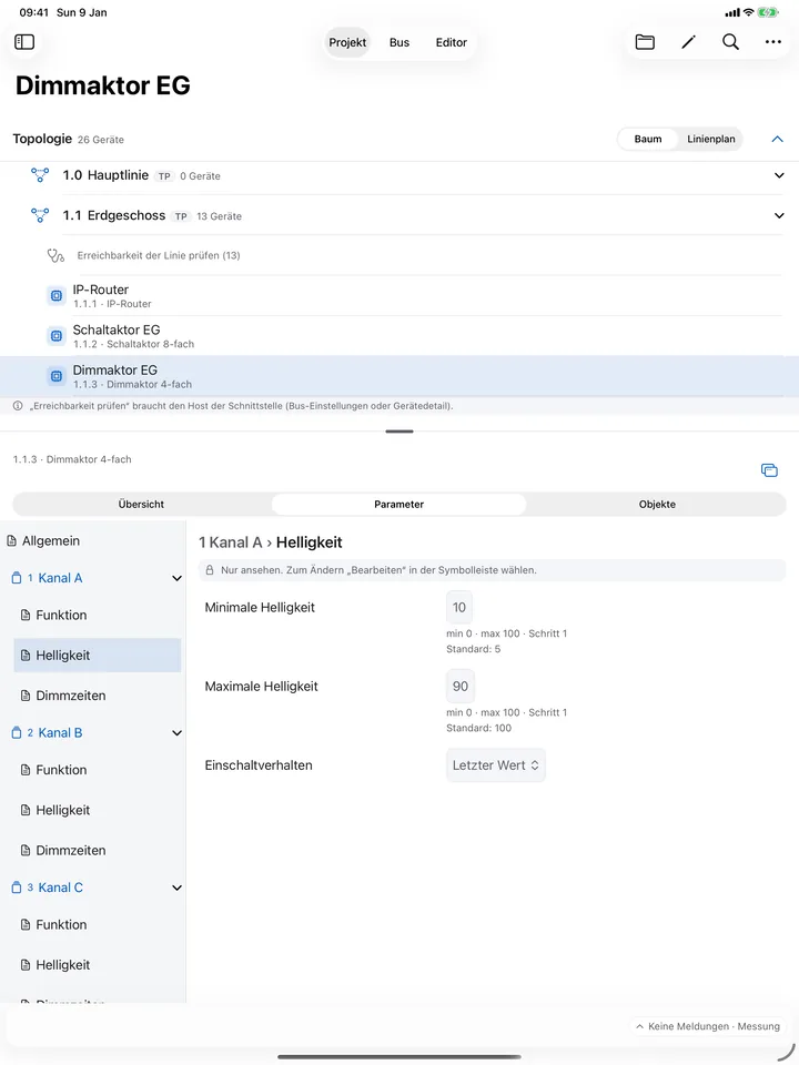 Parameter – iPad: Parameterseiten in der Struktur der Produktdaten, mit Wertebereich, Schrittweite und Standardwert. Geändert wird erst im Editor.
