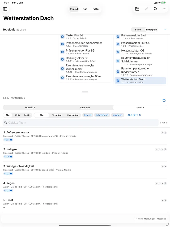 Objekte – iPad: Kommunikationsobjekte mit Größe, Datenpunkttyp, Flags, Priorität und Gruppenadressen – filterbar nach Aktivität, Verknüpfung und Richtung.