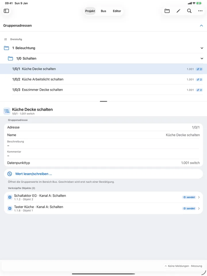 Gruppenadressen – iPad: Haupt-, Mittel- und Untergruppen mit Datenpunkttyp und verknüpften Objekten. Von hier geht es direkt zum Lesen oder Schreiben eines Werts.