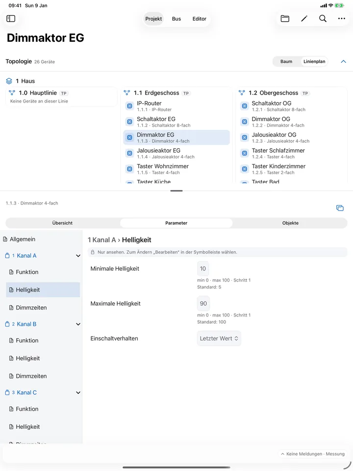 Linienplan – iPad: Die Topologie als Plan: Linien nebeneinander, die Geräte darunter – ideal, um eine Anlage auf einen Blick zu erfassen.