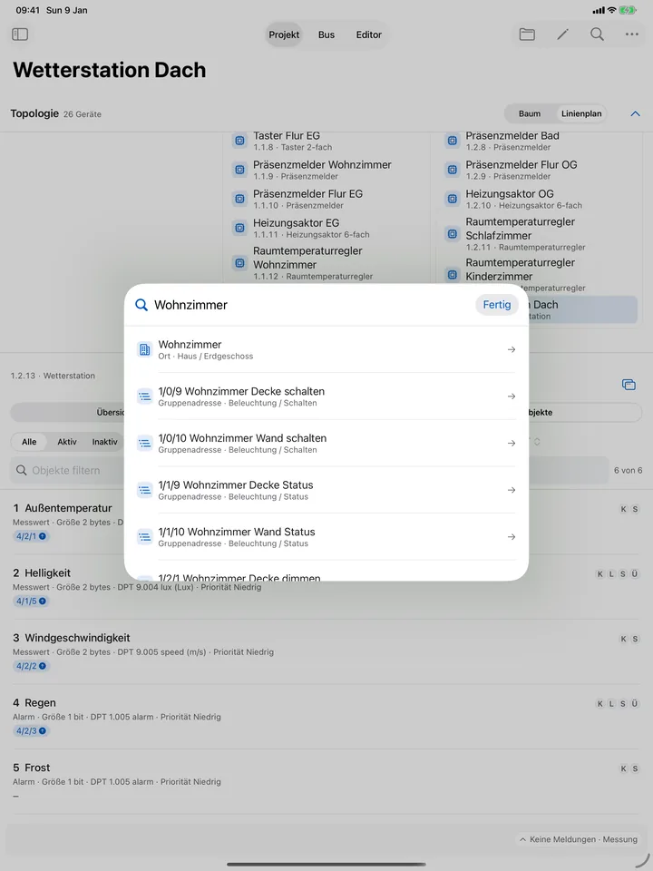 Suche – iPad: Eine Suche über Räume, Geräte und Gruppenadressen. Ein Treffer führt direkt an die passende Stelle im Projekt.