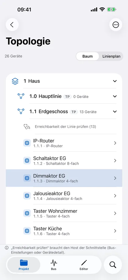 Topologie – iPhone: Bereiche, Linien und Geräte als Baum. Von hier aus lässt sich auch die Erreichbarkeit aller Geräte einer Linie prüfen.