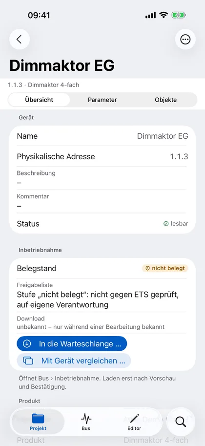 Parameter – iPhone: Parameterseiten in der Struktur der Produktdaten, mit Wertebereich, Schrittweite und Standardwert. Geändert wird erst im Editor.