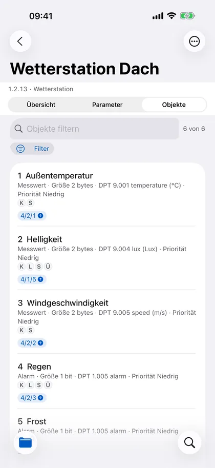 KNX Atlas auf dem iPhone: Kommunikationsobjekte einer Wetterstation mit Datenpunkttypen und Gruppenadressen.