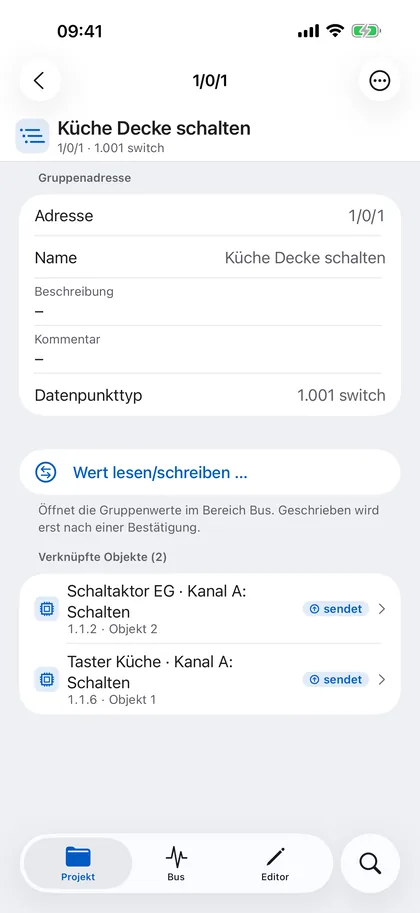 Gruppenadressen – iPhone: Haupt-, Mittel- und Untergruppen mit Datenpunkttyp und verknüpften Objekten. Von hier geht es direkt zum Lesen oder Schreiben eines Werts.