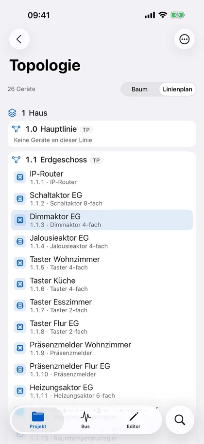 Linienplan – iPhone: Die Topologie als Plan: Linien nebeneinander, die Geräte darunter – ideal, um eine Anlage auf einen Blick zu erfassen.