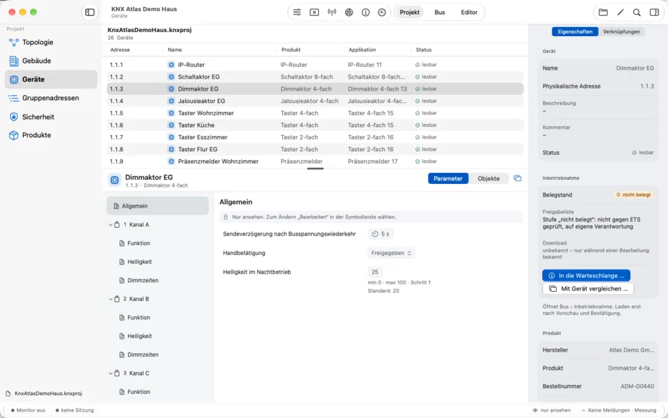Geräte – Mac: Alle Geräte des Projekts mit Adresse, Produkt, Applikation und Status. Darunter öffnen sich Parameter und Objekte des ausgewählten Geräts.