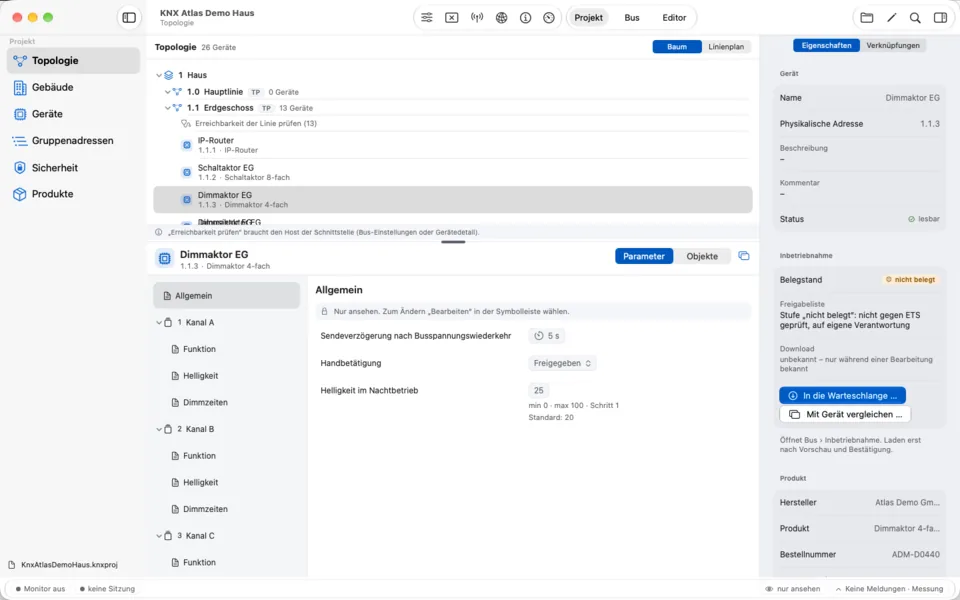 KNX Atlas auf dem Mac: Topologie des Demo-Projekts mit Parametern des Dimmaktors und Geräteinspektor.