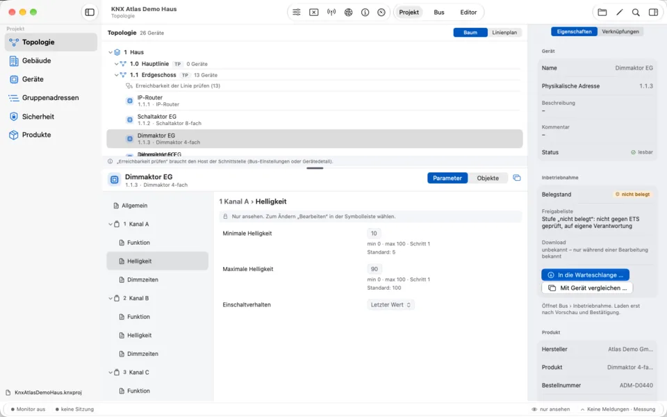Parameter – Mac: Parameterseiten in der Struktur der Produktdaten, mit Wertebereich, Schrittweite und Standardwert. Geändert wird erst im Editor.