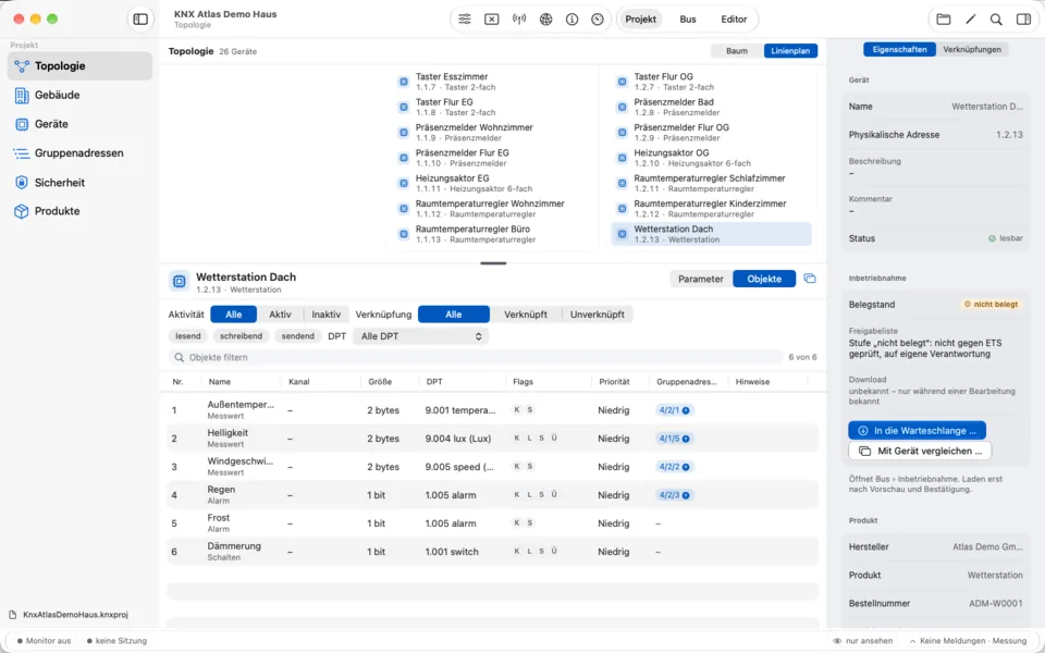Objekte – Mac: Kommunikationsobjekte mit Größe, Datenpunkttyp, Flags, Priorität und Gruppenadressen – filterbar nach Aktivität, Verknüpfung und Richtung.