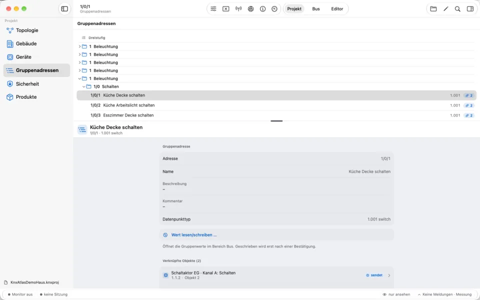 Gruppenadressen – Mac: Haupt-, Mittel- und Untergruppen mit Datenpunkttyp und verknüpften Objekten. Von hier geht es direkt zum Lesen oder Schreiben eines Werts.