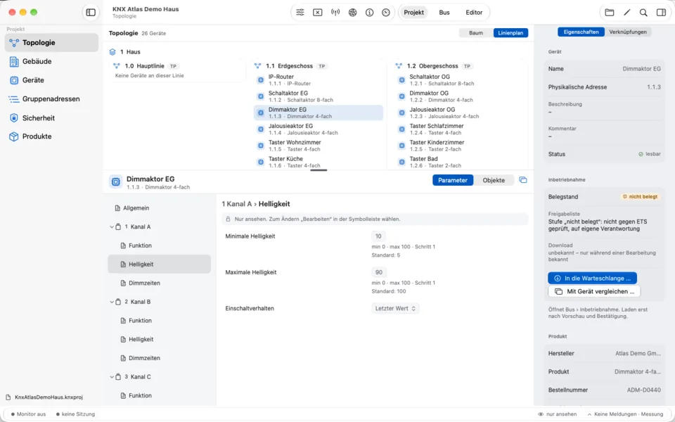 Linienplan – Mac: Die Topologie als Plan: Linien nebeneinander, die Geräte darunter – ideal, um eine Anlage auf einen Blick zu erfassen.