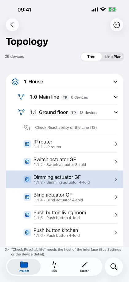 Topology – iPhone: Areas, lines and devices as a tree. From here you can also check whether all devices of a line are reachable.