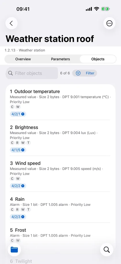 KNX Atlas on the iPhone: communication objects of a weather station with datapoint types and group addresses.