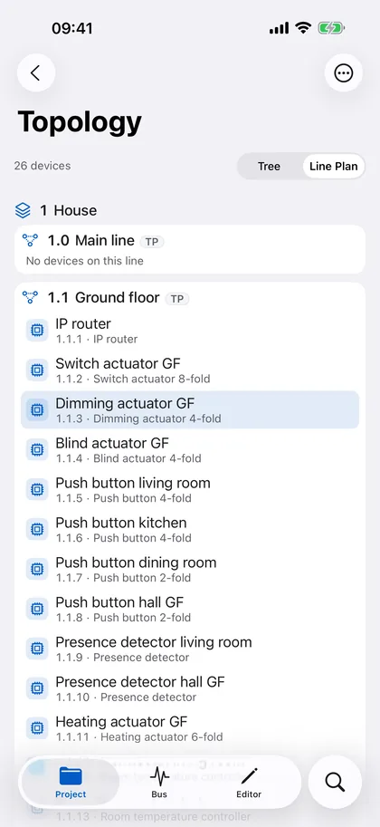 Line plan – iPhone: The topology as a plan: lines side by side, their devices below – ideal to grasp an installation at a glance.