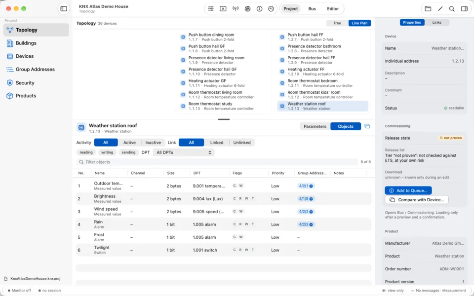 Objects – Mac: Communication objects with size, datapoint type, flags, priority and group addresses – filtered by activity, link and direction.