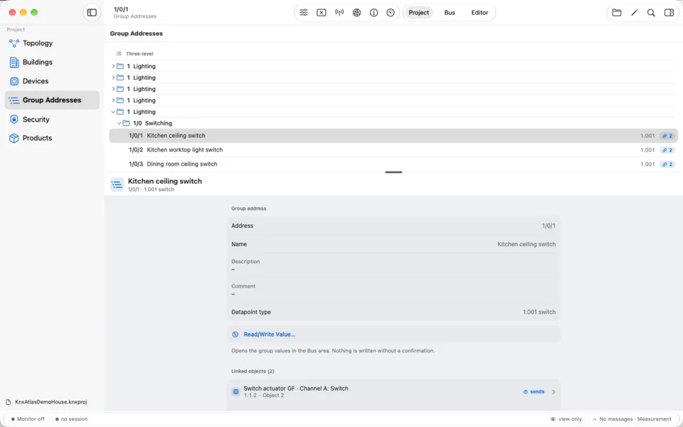 Group addresses – Mac: Main, middle and sub groups with datapoint type and linked objects. From here you go straight to reading or writing a value.