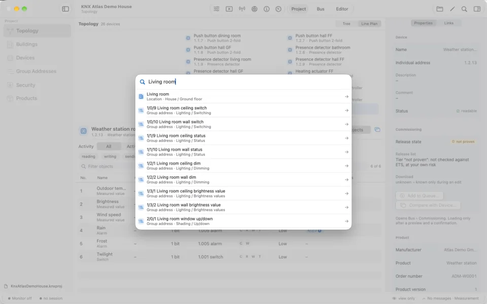Search – Mac: One search across rooms, devices and group addresses. A result takes you straight to the right place in the project.